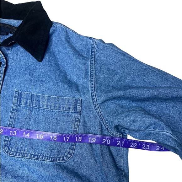 Vintage 90s Country Store Faux Suede Trim Button Up Collard Chessy Cotton Blouse - Picture 8 of 12